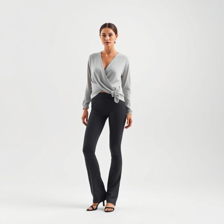 A charcoal bamboo wrap top and flare leggings set on a white background.