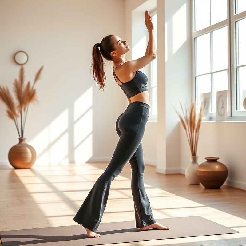 pollinations-bamboo-wrap-top-2-919688 A model in a Charcoal bamboo wrap top and flare leggings in a bright yoga studio.