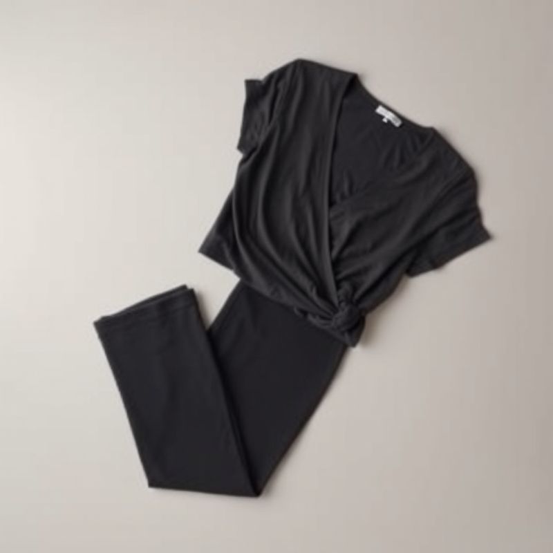 pollinations-bamboo-wrap-top-4-886175 Flat lay of a Charcoal bamboo wrap top and flare leggings folded on a neutral surface.