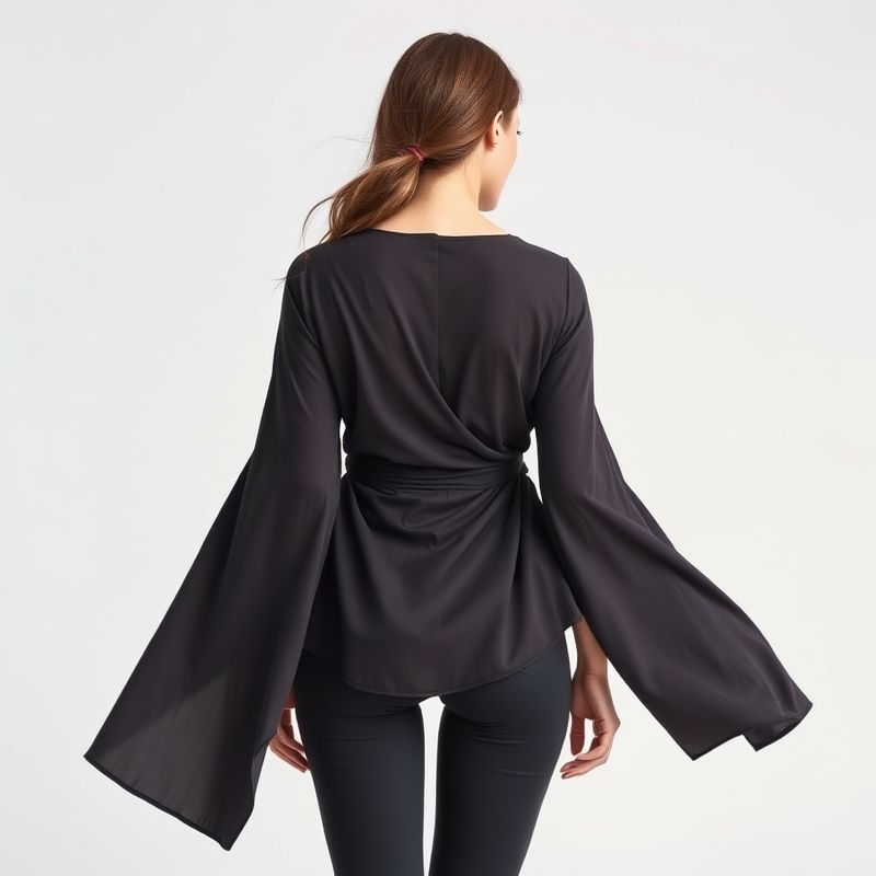 pollinations-bamboo-wrap-top-6-259350 Back view of a model wearing a charcoal bamboo wrap top and flare leggings, showcasing the fit.