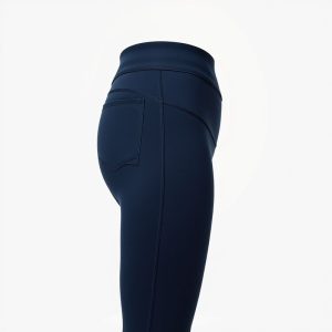 Black high waisted leggings with pockets, seamless black tights in navy blue on white background, hyperrealistic studio photo.