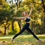 A woman in black high waisted leggings with pockets doing yoga in an Aussie park, seamless black tights in motion.