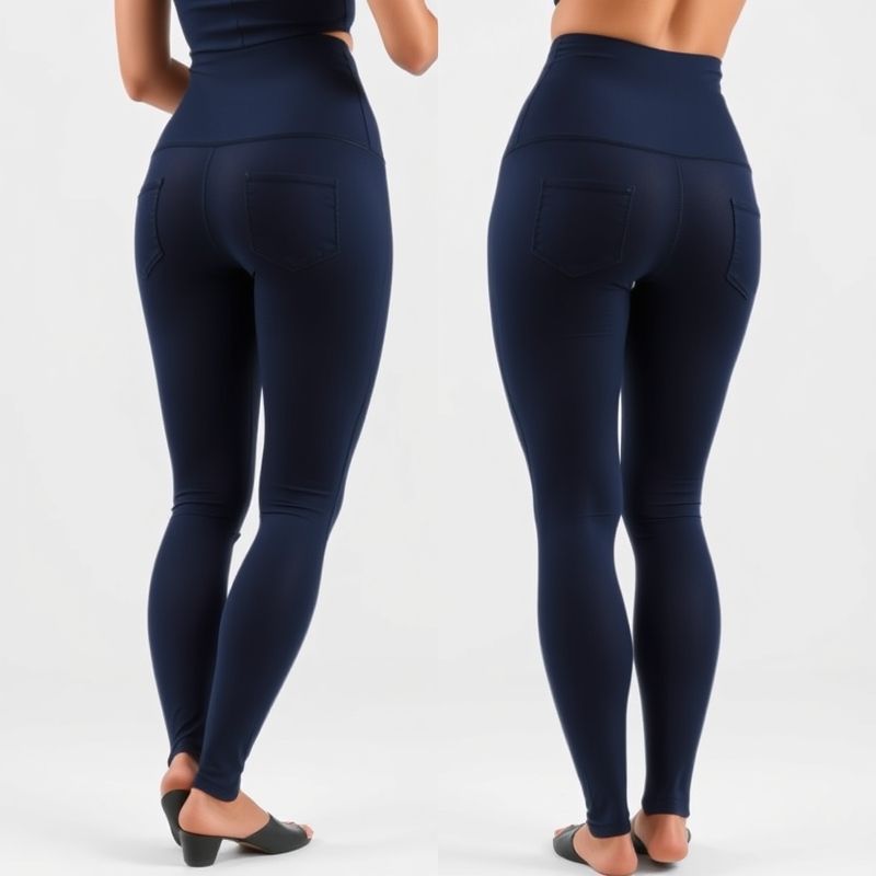 pollinations-black-high-waisted-leggings-with-pockets-6-34180 A model wearing black high waisted leggings with pockets, seamless black tights, navy blue, back view, white background.