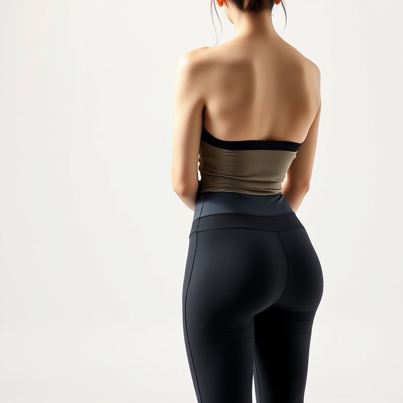 pollinations-black-legging-6-626016 A model wearing black legging tights with phone pocket in beige, back view, studio shot on white background.