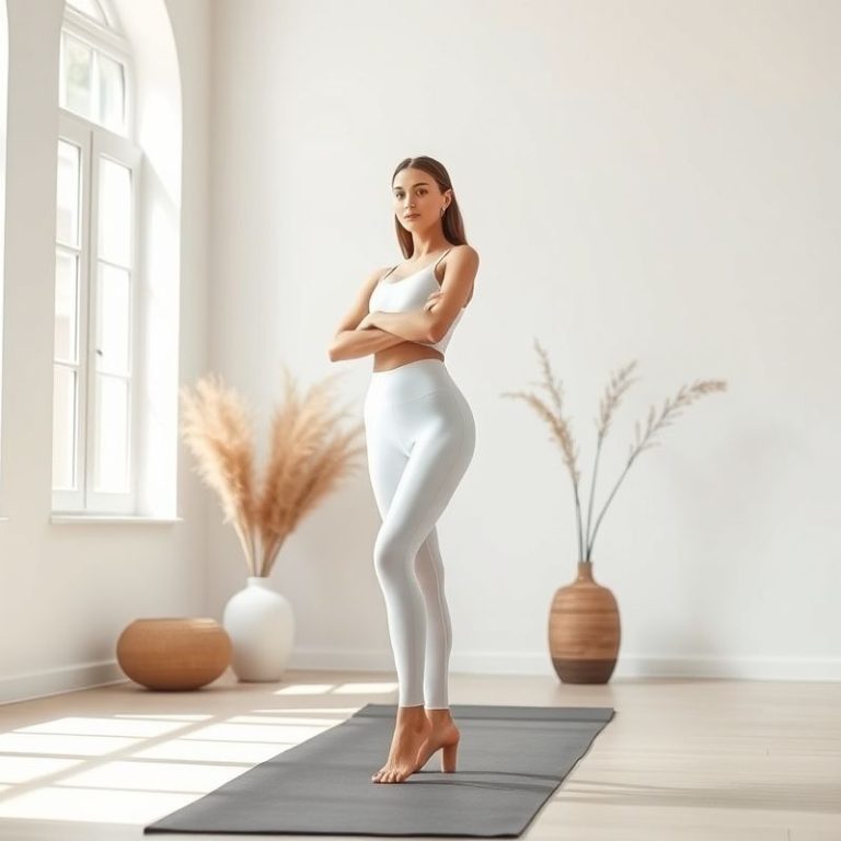 A model in white high waisted black leggings seamless underwear posing in a bright yoga studio.