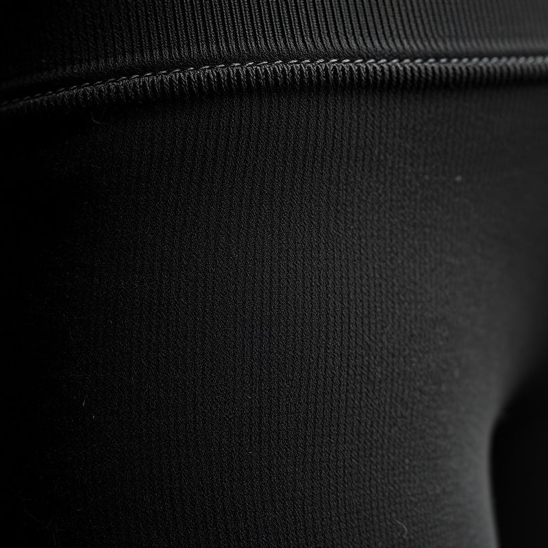 pollinations-black-petite-yoga-pants-3-432488 Close-up of the Merino Wool fabric and stitching on black petite yoga pants, highlighting texture and quality.