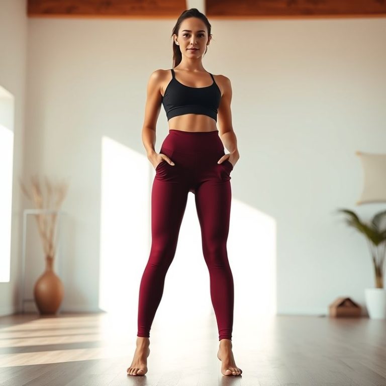 A model in burgundy black scrunch bum leggings with pockets poses in a bright yoga studio.