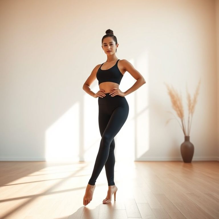A model in black seamless leggings, ultra high waisted, posing in a bright minimalist yoga studio.