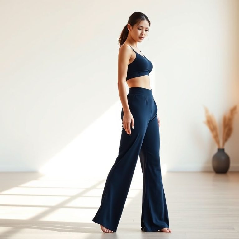 A model wearing black wide leg yoga pants with scrunch bum flare in navy blue, posing in a bright yoga studio.
