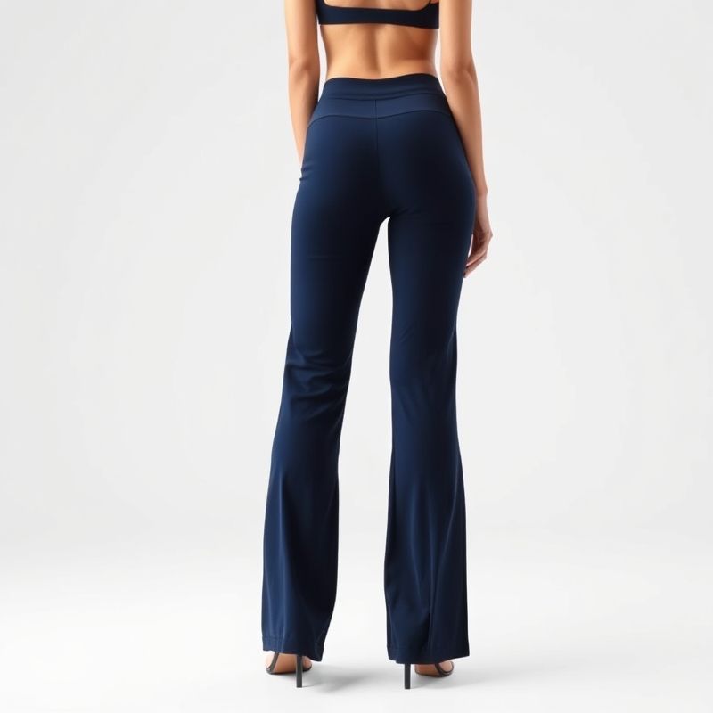 pollinations-black-wide-leg-yoga-pants-6-102630 A model wearing black wide leg yoga pants with scrunch bum flare in navy blue, studio shot on white background.