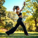 A woman in Sky Blue black yoga flare pants performing a yoga pose in an Australian park.
