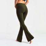 A pair of Olive Green black yoga pants flare leggings on a white background.