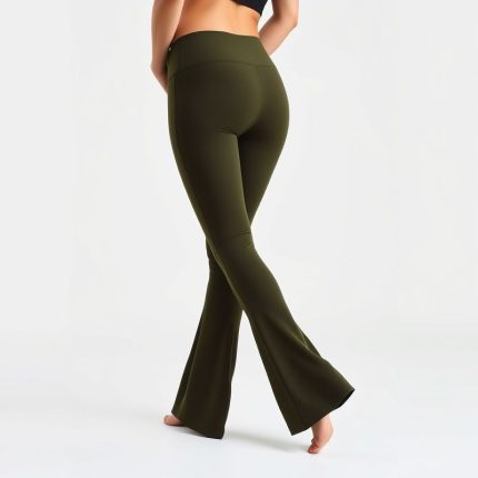 A pair of Olive Green black yoga pants flare leggings on a white background.