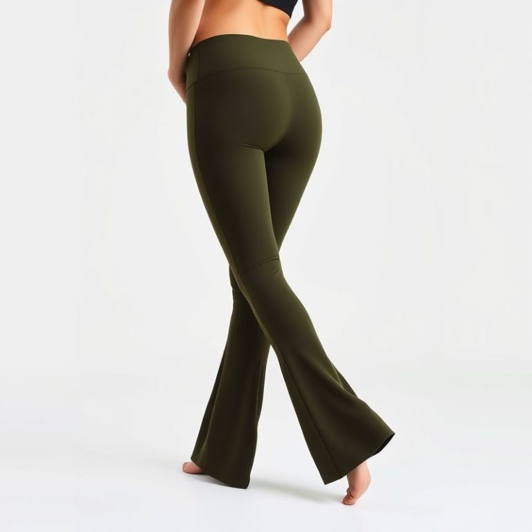 A pair of Olive Green black yoga pants flare leggings on a white background.