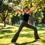 A woman in warrior pose wearing black yoga pants flare leggings in Olive Green at an Aussie park.