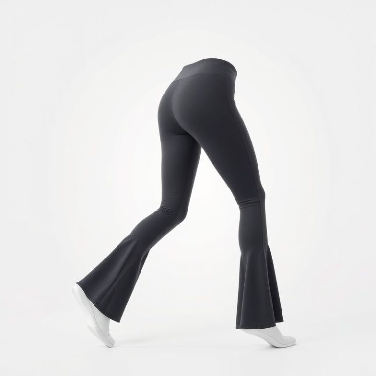 Flare active pants in charcoal grey, hyperrealistic studio photo on white background.