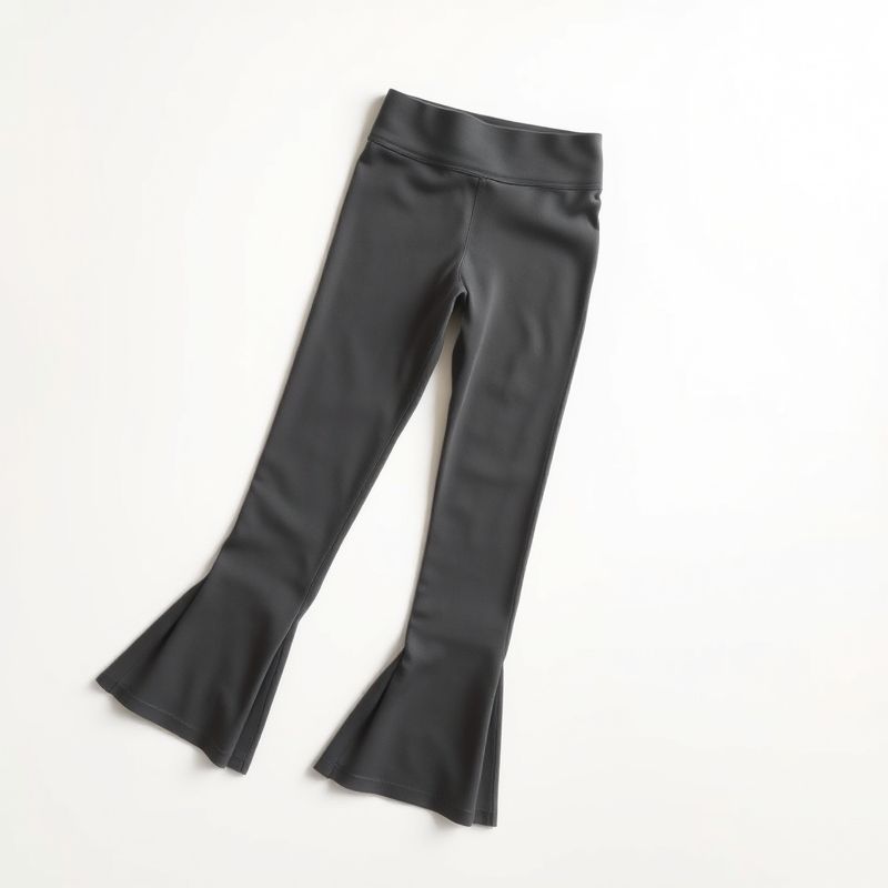 pollinations-flare-active-pants-4-465176 Flat lay of charcoal grey flared leggings, flare active pants neatly folded on a neutral surface.