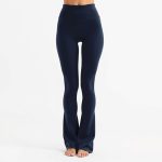 Navy blue flare black yoga pants, high waisted gym leggings on white background, hyperrealistic studio photo.