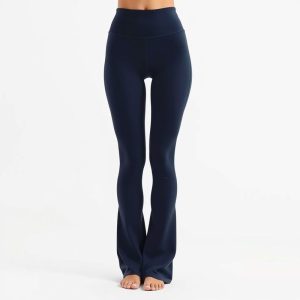 Navy blue flare black yoga pants, high waisted gym leggings on white background, hyperrealistic studio photo.