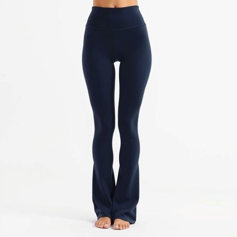 Navy blue flare black yoga pants, high waisted gym leggings on white background, hyperrealistic studio photo.