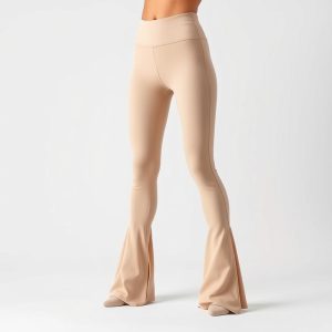 Beige flare gym leggings, active flare leggings on white background, hyperrealistic studio photo.