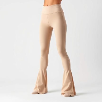 Beige flare gym leggings, active flare leggings on white background, hyperrealistic studio photo.
