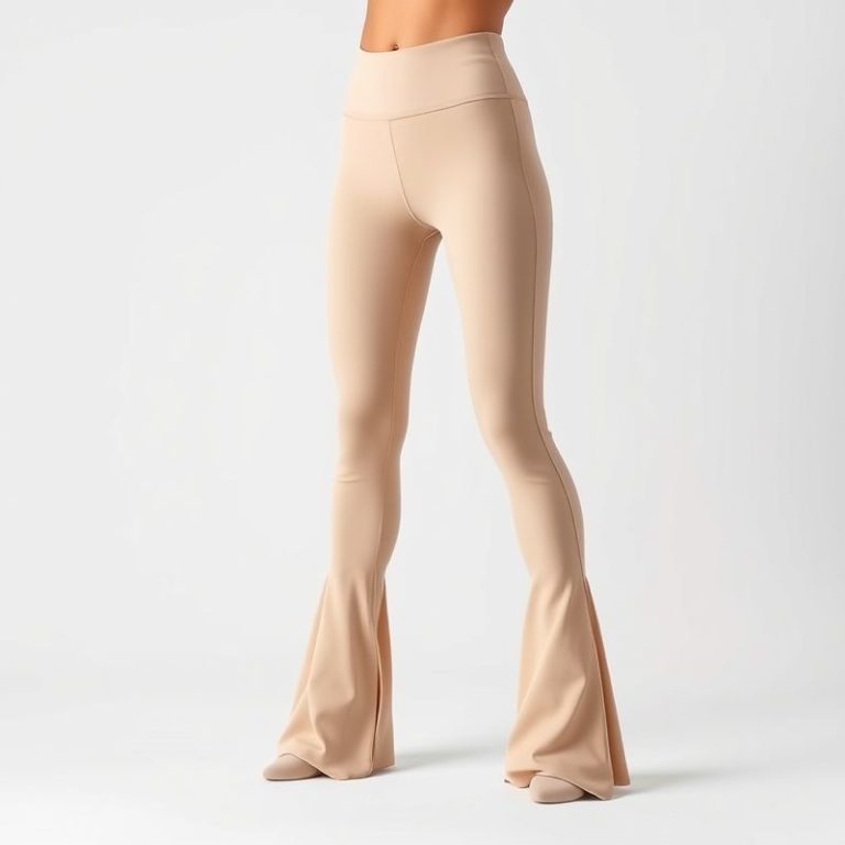 Beige flare gym leggings, active flare leggings on white background, hyperrealistic studio photo.