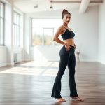 A model in charcoal flare leggings black with pockets, posing in a bright yoga studio.