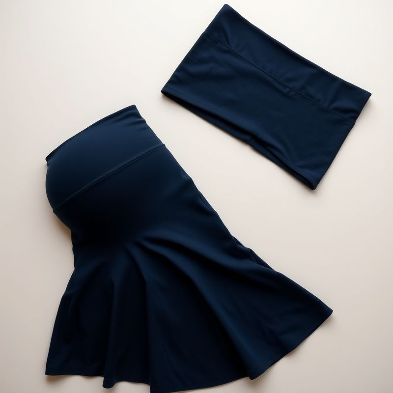 pollinations-flare-maternity-leggings-4-689567 Flat lay of navy blue flare maternity leggings black sports skort folded neatly on a neutral surface.