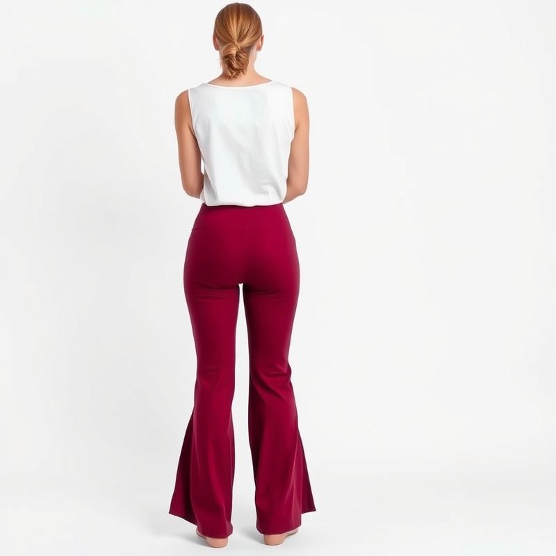pollinations-flare-yoga-pants-6-805465 Back view of a model wearing burgundy organic bamboo flare yoga pants on a white background.
