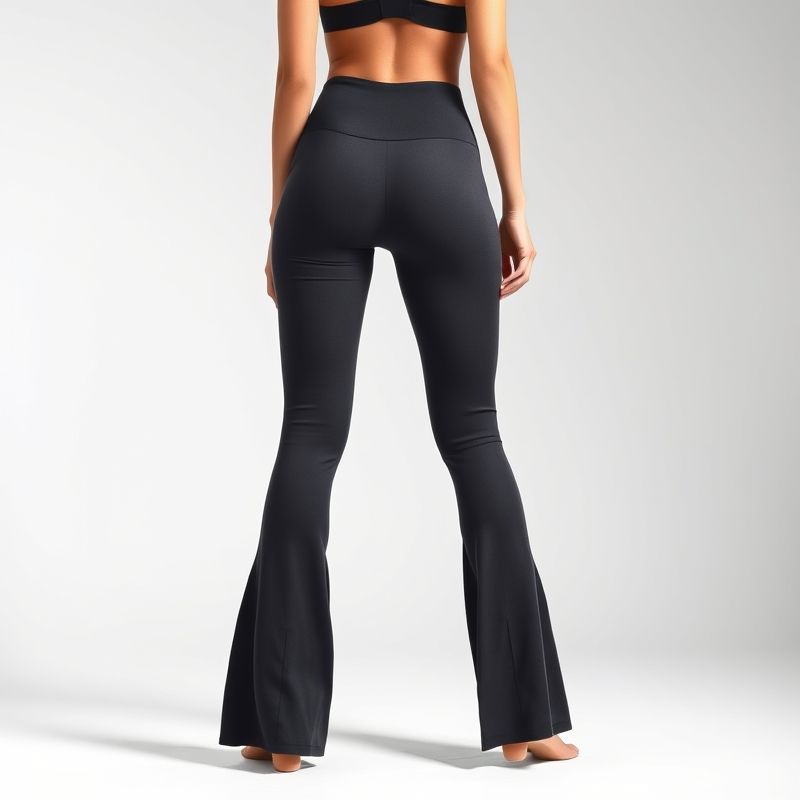 pollinations-flare-yoga-pants-womens-6-433071 Back view of a model wearing grey flare yoga pants womens in black, showcasing fit on white studio background.