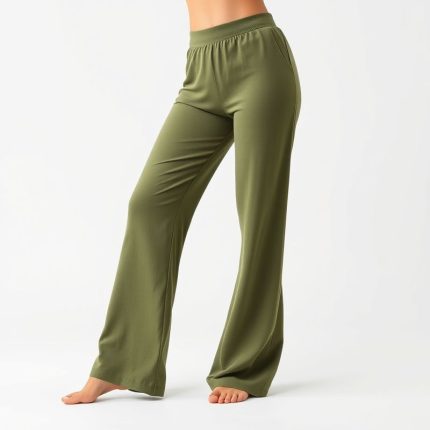 Olive green organic cotton flared yoga pants on a white background.