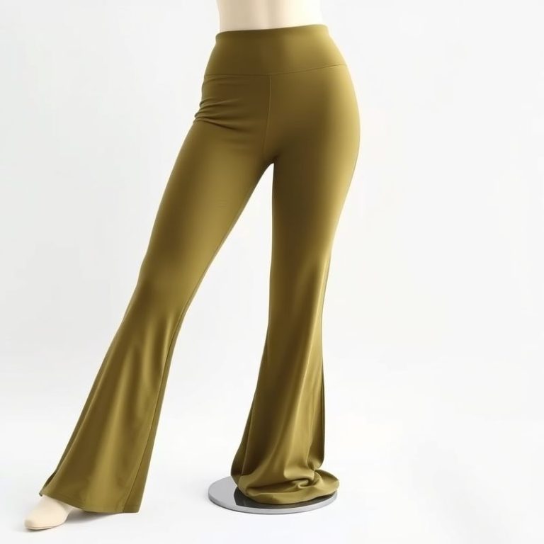 Olive green flared yoga pants on a clean white studio background.