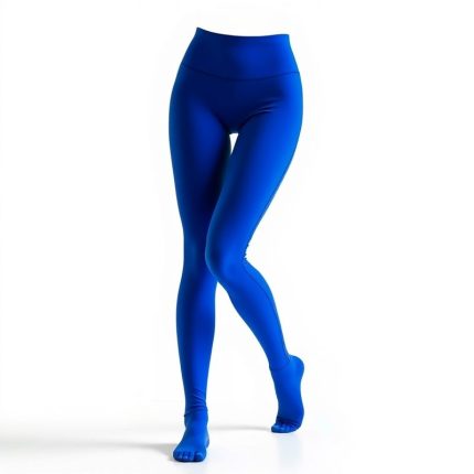 Royal Blue high waisted yoga pants women seamless black tights on white background, hyperrealistic studio photo.