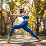 A woman in high waisted yoga pants women seamless black tights performing a yoga pose in Royal Blue at an Aussie park.