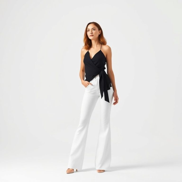 A model wearing beautiful white long flare leggings and a black wrap top on a white background.