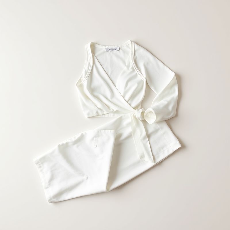 pollinations-long-flare-leggings-4-868399 White long flare leggings and wrap top set, neatly folded in a flat lay.