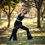 A woman in a white long flare leggings and wrap top performing a yoga pose in an Australian park.