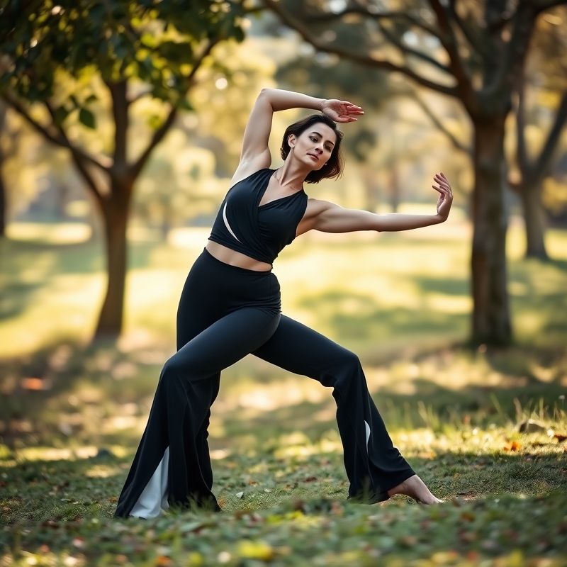 pollinations-long-flare-leggings-5-873510 A woman in a white long flare leggings and wrap top performing a yoga pose in an Australian park.