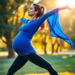 A woman in a royal blue long sleeve maternity top breastfeeding sports bra doing yoga in an Australian park.