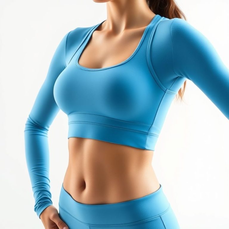 Sky Blue long sleeve yoga top with high impact racerback bra, studio shot on white background.