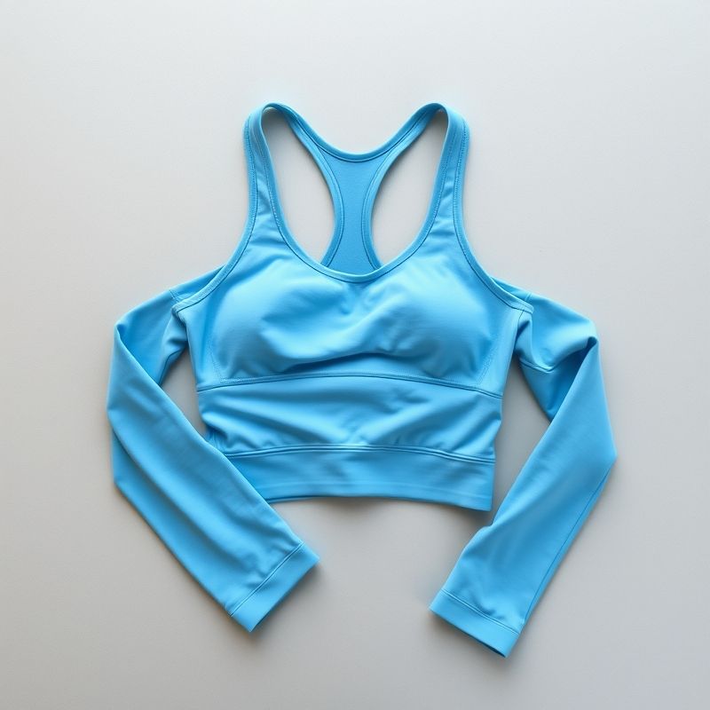 pollinations-long-sleeve-yoga-top-4-563209 Sky Blue long sleeve yoga top with high impact racerback bra, neatly folded on a neutral surface, top-down view.