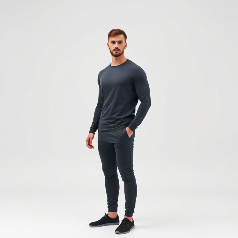 Male yoga outfit in charcoal, mens yoga wear on white background, hyperrealistic studio photo.