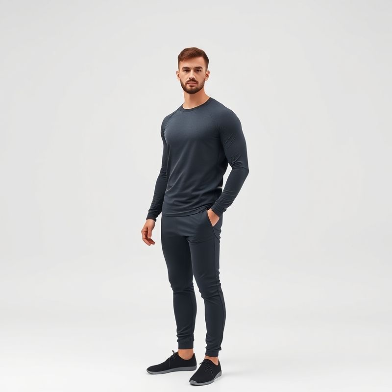 Male yoga outfit in charcoal grey showing stretch and fit