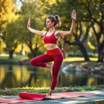 A woman in warrior pose on a red manduka mat, yoga mat for travel, in an Aussie park.