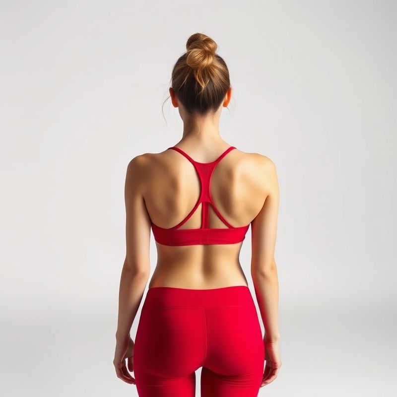 pollinations-manduka-mat-6-318324 Back view of a model wearing the manduka mat yoga mat for travel in red, studio shot on white background.