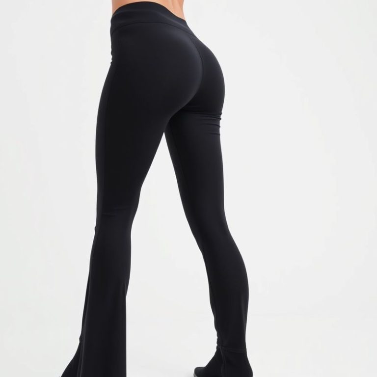 Black scrunch bum leggings with flared design, Australian style, on white background, hyperrealistic studio photo.