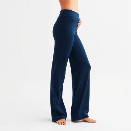 Navy Blue straight leg yoga pants for women, hyperrealistic studio photo on white background.