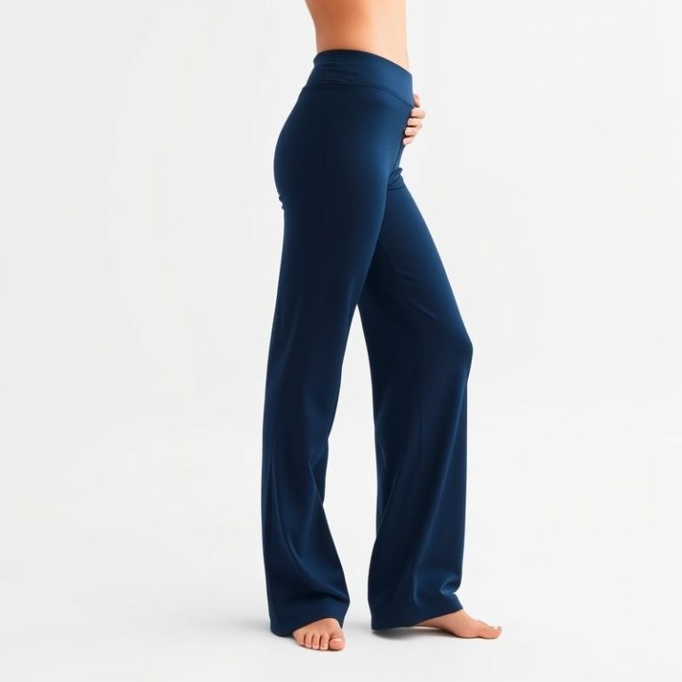 Navy Blue straight leg yoga pants for women, hyperrealistic studio photo on white background.