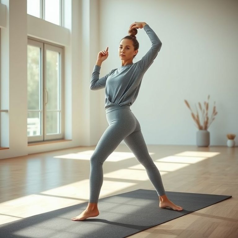 A model in a Heather Grey organic cotton wrap top Australia in a yoga studio.